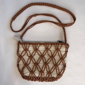 Universal Thread cream wicker crossbody with brown macrame netting approx 10”x8”